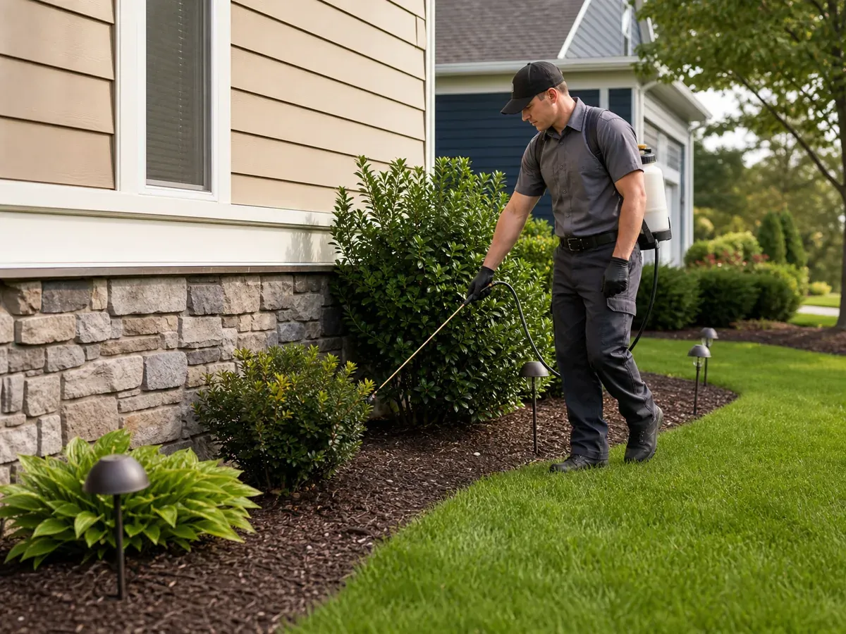 Pest control technician treating the outside perimeter of a suburban home